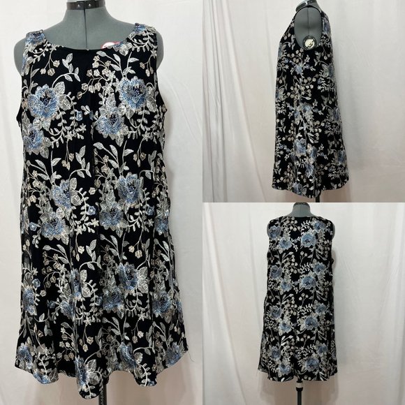 Signature by Robbie Bee Sz 1X  Black/Beige Embroidered Overlay Sleeveless A-Line - Picture 1 of 8